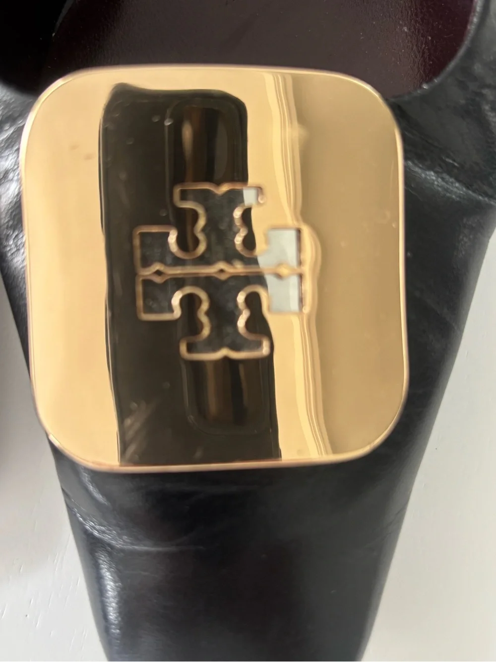 Tory Burch Black Leather Slingback Flats with Gold Logo Accent